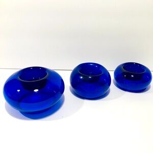Vintage Sapphire Blue Art Glass Set of 3 Pairpoint Candle Holders.